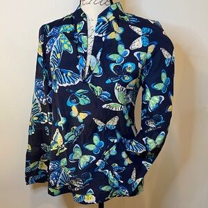 Tory Burch Spring Navy Blue Butterfly Print V-Neck top tunic